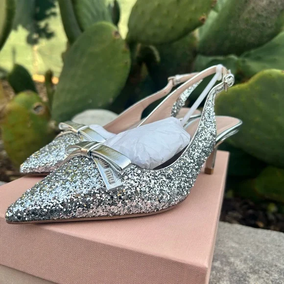 Miu Miu Slingback Silver Glitter Heels Size 37 - Picture 5 of 9